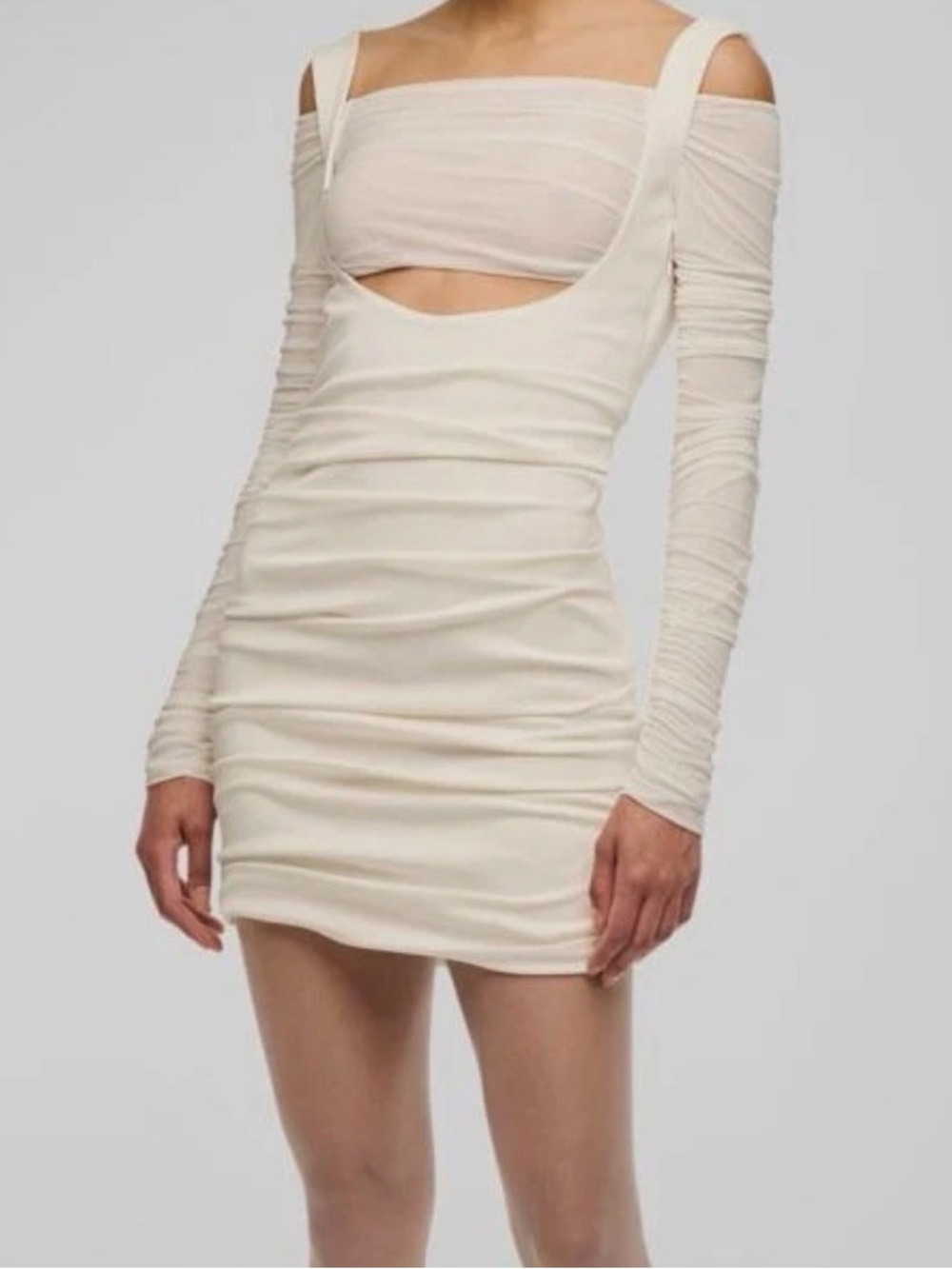 Neiman Marcus Cream Off-Shoulder Cutout Mini Dress Interior Brand - Picture 2 of 3